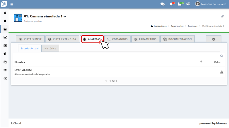 Menu alarmas control