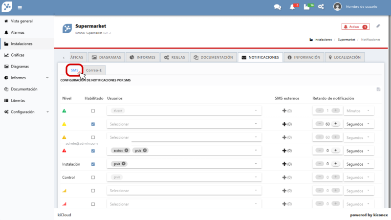 Ventana configuración notificaciones de alarmas por SMS